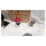 Paperweight, Bowl, Figures, 2 Vaseline Glass Teacups