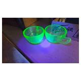 Paperweight, Bowl, Figures, 2 Vaseline Glass Teacups