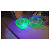 Paperweight, Bowl, Figures, 2 Vaseline Glass Teacups