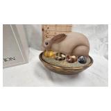 Fenton Art Glass, Hand Painted Folkart Bunny Nest with Box