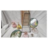 Round Metal Framed Pictures, glass display, porcelain figures
