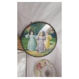 Round Metal Framed Pictures, glass display, porcelain figures