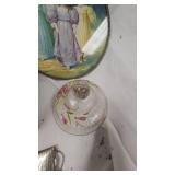 Round Metal Framed Pictures, glass display, porcelain figures