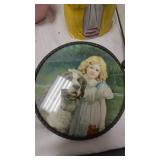 Round Metal Framed Pictures, glass display, porcelain figures