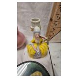Round Metal Framed Pictures, glass display, porcelain figures