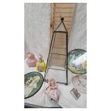 Round Metal Framed Pictures, glass display, porcelain figures
