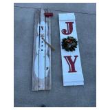 Rustic Holiday Wood Signs - Snowman Panel and JOY Sign with Wreath (Lot of 2)