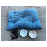 Dog Cushion Bed with Bowls & Leash