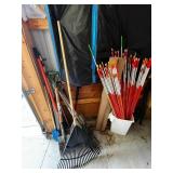 Assorted Garden Tools & Yard Stakes - Shovels, Rakes & Poles
