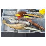 Assorted Fishing Lures in Clear Tackle Box - Crankbaits, Spoons & Bucktails