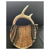 Antler-Handled Handwoven Wicker Basket - Rustic Lodge Decor