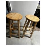 Pair of Round-Seat Wooden Stools with Foot Rests - 30" Tall