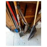 Assorted Garden Tools & Yard Stakes - Shovels, Rakes & Poles