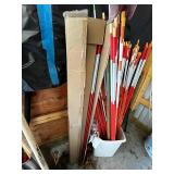 Assorted Garden Tools & Yard Stakes - Shovels, Rakes & Poles