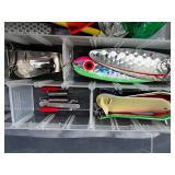 Assorted Fishing Lures in Storage Box, Davis Instruments & VMC