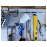 Assorted Tools & Hardware - Tool Shop Level, Spray Guns, Rubbermaid Bucket