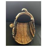 Antler-Handled Handwoven Wicker Basket - Rustic Lodge Decor