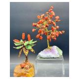 Pair of Handcrafted Gemstone Sculptures – Red Jasper & Aventurine "Money Trees" on Raw Crystal Bases