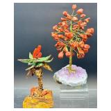 Pair of Handcrafted Gemstone Sculptures – Red Jasper & Aventurine "Money Trees" on Raw Crystal Bases