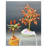 Pair of Handcrafted Gemstone Sculptures – Red Jasper & Aventurine "Money Trees" on Raw Crystal Bases