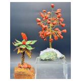 Pair of Handcrafted Gemstone Sculptures – Red Jasper & Aventurine "Money Trees" on Raw Crystal Bases