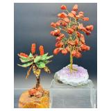 Pair of Handcrafted Gemstone Sculptures – Red Jasper & Aventurine "Money Trees" on Raw Crystal Bases