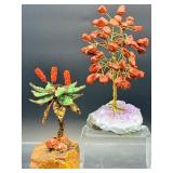 Pair of Handcrafted Gemstone Sculptures – Red Jasper & Aventurine "Money Trees" on Raw Crystal Bases