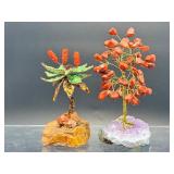 Pair of Handcrafted Gemstone Sculptures – Red Jasper & Aventurine "Money Trees" on Raw Crystal Bases