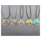 Set of 5 Handcrafted "Tree of Life" Gemstone Chip Pendant Necklaces