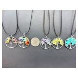 Set of 5 Handcrafted "Tree of Life" Gemstone Chip Pendant Necklaces