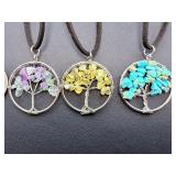 Set of 5 Handcrafted "Tree of Life" Gemstone Chip Pendant Necklaces