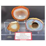 Hand-Carved Agate Geode Candle Holder – Vibrant Red & Blue Banding. Polished Agate Trinket Dish – Warm Amber & Cream "Fortification" Agate. Large Brazilian Agate Display Slab – Fiery Ora