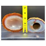 Hand-Carved Agate Geode Candle Holder – Vibrant Red & Blue Banding. Polished Agate Trinket Dish – Warm Amber & Cream "Fortification" Agate. Large Brazilian Agate Display Slab – Fiery Ora