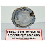 Polished Mexican Coconut "Las Choyas" Geode Half - Icy Blue Agate Specimen