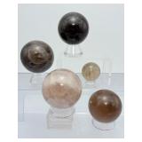 Lot of 5 Natural Smoky Quartz Crystal Spheres – Polished Grounding & Protection Stones"