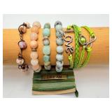 Handcrafted Artisan Jewelry Lot: A vibrant Collection Featuring Natural Stone, Woven "Love" Charm, & "Dream" Silk Wrap Bracelets