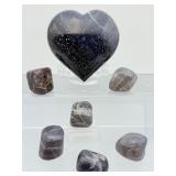 Title: Rare Iolite "Viking Compass" Set – Polished Heart & 6 Tumbled Gems