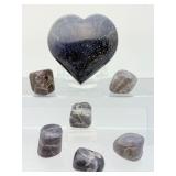 Title: Rare Iolite "Viking Compass" Set – Polished Heart & 6 Tumbled Gems
