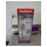 Kwikset entry handle & lock. New in the package. And a fan. As shown. CASH ON SITE ONLY. PICKUP IS MONDAY MAY 11TH FROM 11 AM TO 4 PM. REGARDLESS WHAT THE SCHEDULE STATES.