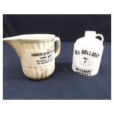 Antique Spongeware Advertising Pitcher and an Old Whiskey Jug