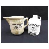 Antique Spongeware Advertising Pitcher and an Old Whiskey Jug