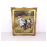 Signed Oil on Canvas of Children Dancing in a Real Wood Hand Carved Frame