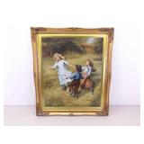 Signed Oil on Canvas of Children Dancing in a Real Wood Hand Carved Frame
