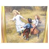 Signed Oil on Canvas of Children Dancing in a Real Wood Hand Carved Frame