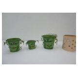 Decorative Metal Frog Set of 3 Candle Holders / Planters; Cream Colored Ceramic Candle Holder Crock