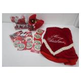 New Christmas Decor. Stuffed Cardinal, Red Velvet Tree Skirt, Ornaments
