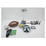 Games & Toys. Football, football glove, floral basketball sleeve, swim goggles, Jasman Command Force Chopper Launch Set