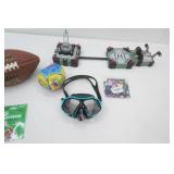 Games & Toys. Football, football glove, floral basketball sleeve, swim goggles, Jasman Command Force Chopper Launch Set