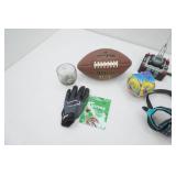 Games & Toys. Football, football glove, floral basketball sleeve, swim goggles, Jasman Command Force Chopper Launch Set