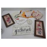 Home Decor. Wooden Chicken Wall Hanging, Vintage Floral Art Prints, Table Linens, Sunflower Curtains, Throw Pillow Cover
